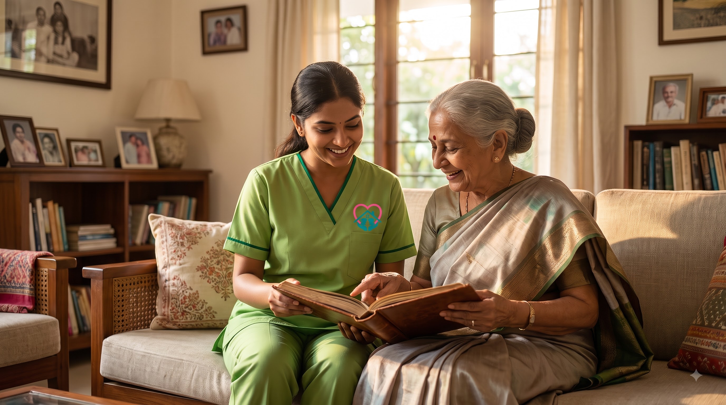A TLC caregiver in green scrubs sharing a warm laugh with an elderly woman as they look through a leather photo album together