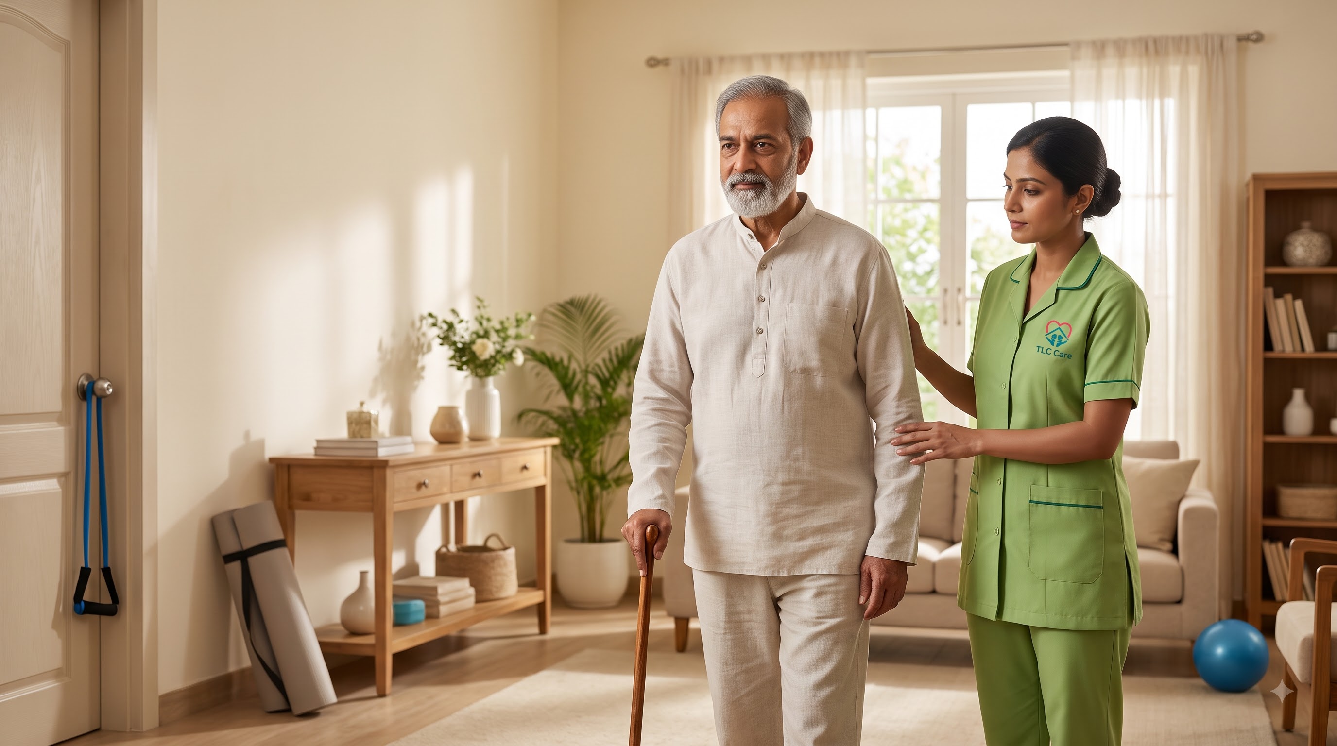 An elderly man practising walking with the support of a physiotherapist at home