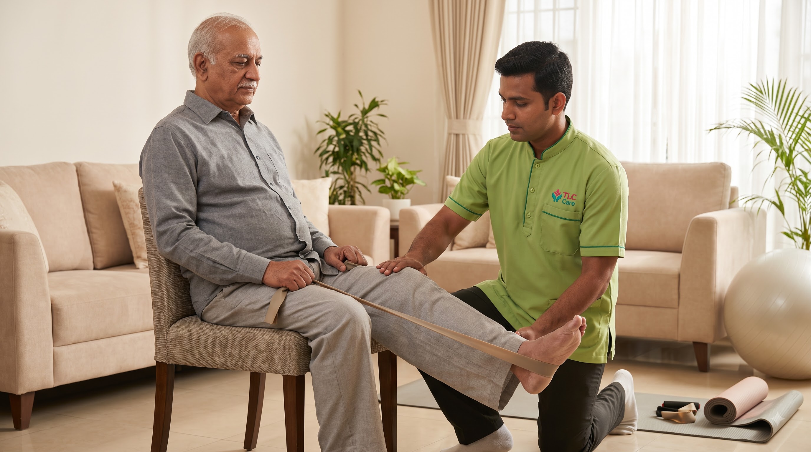 A caregiver guiding an elderly man through a strength and mobility exercise at home