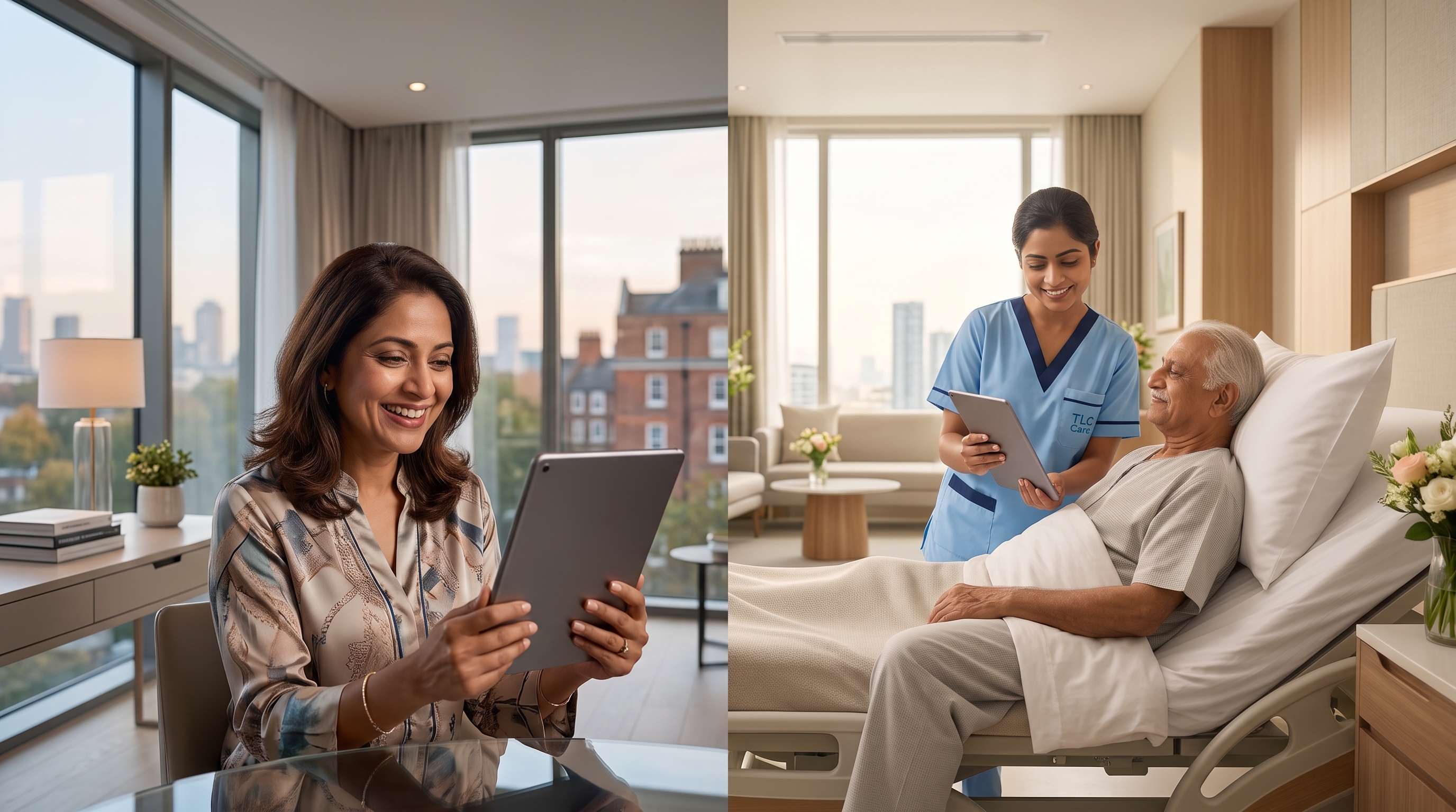 A family member checking in from home on a tablet while a TLC caregiver updates the patient bedside using a tablet