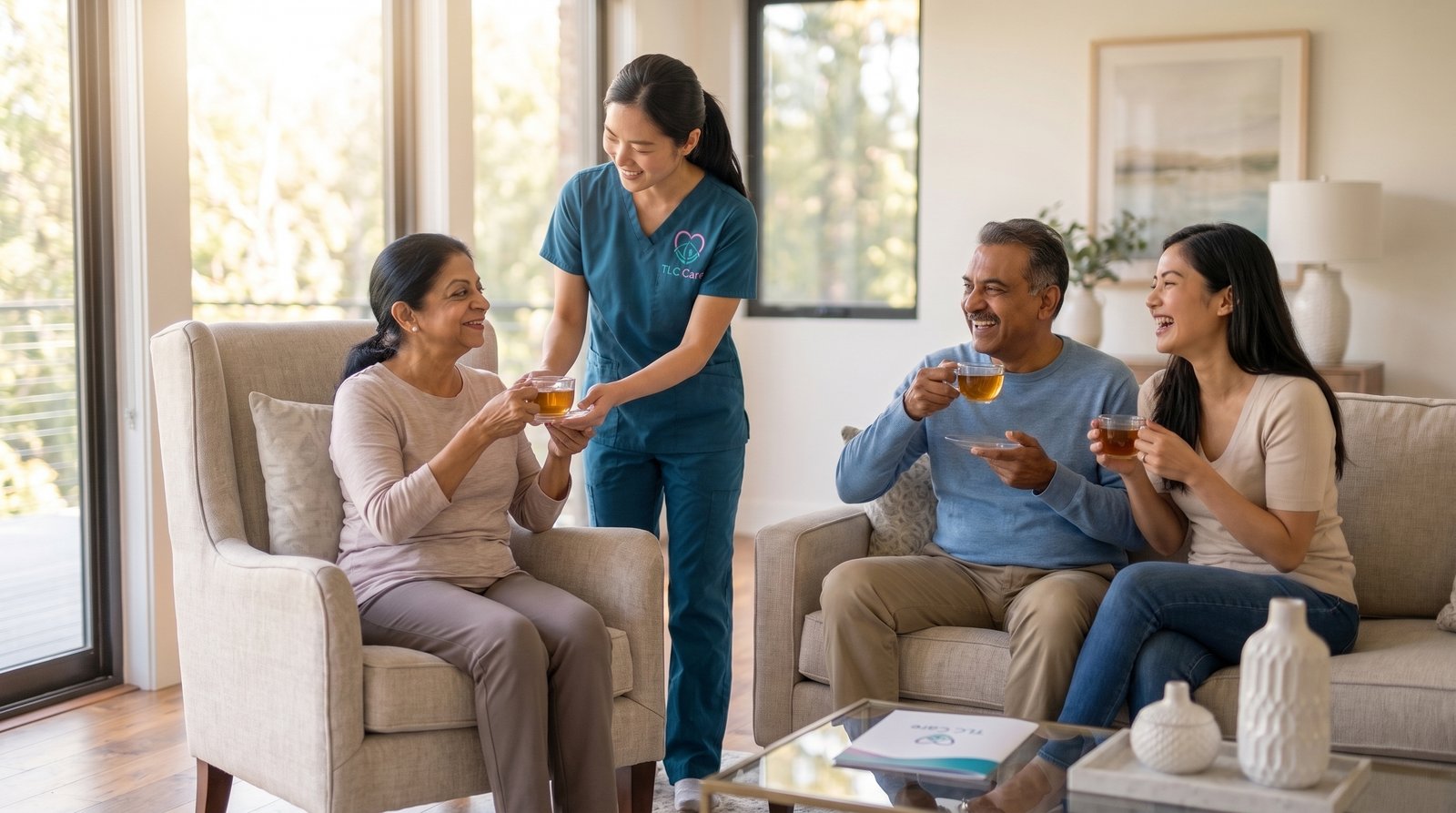 A TLC caregiver serving tea to a smiling woman while her family relaxes together nearby, sharing a warm moment of companionship